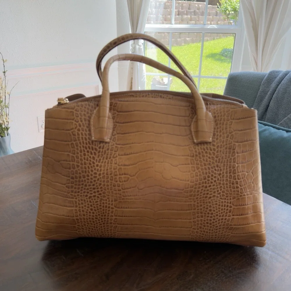 Lacucci Italian‎ Leather Satchel Large Handbag Bag Crocodile Embossed Brown Tan